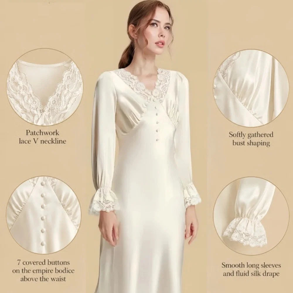 100% Mulberry Silk 19Momme Knee Nightgown with Lace V-Neck and Cuff Design
