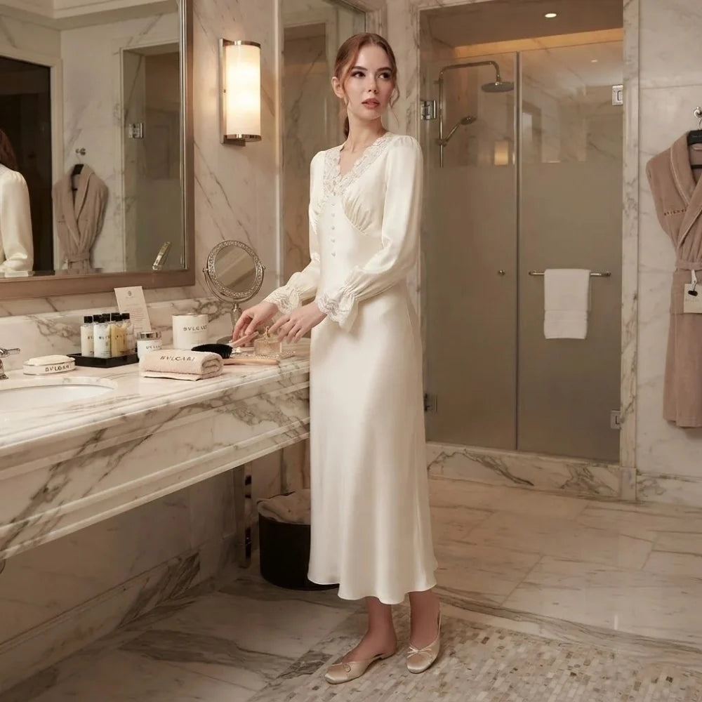 100% Mulberry Silk 19Momme Knee Nightgown with Lace V-Neck and Cuff Design