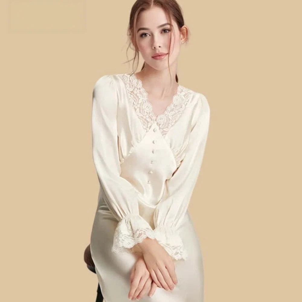 100% Mulberry Silk 19Momme Knee Nightgown with Lace V-Neck and Cuff Design