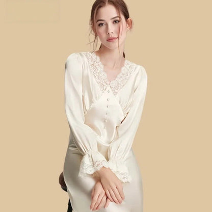 100% Mulberry Silk 19Momme Knee Nightgown with Lace V-Neck and Cuff Design