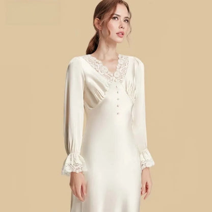 100% Mulberry Silk 19Momme Knee Nightgown with Lace V-Neck and Cuff Design