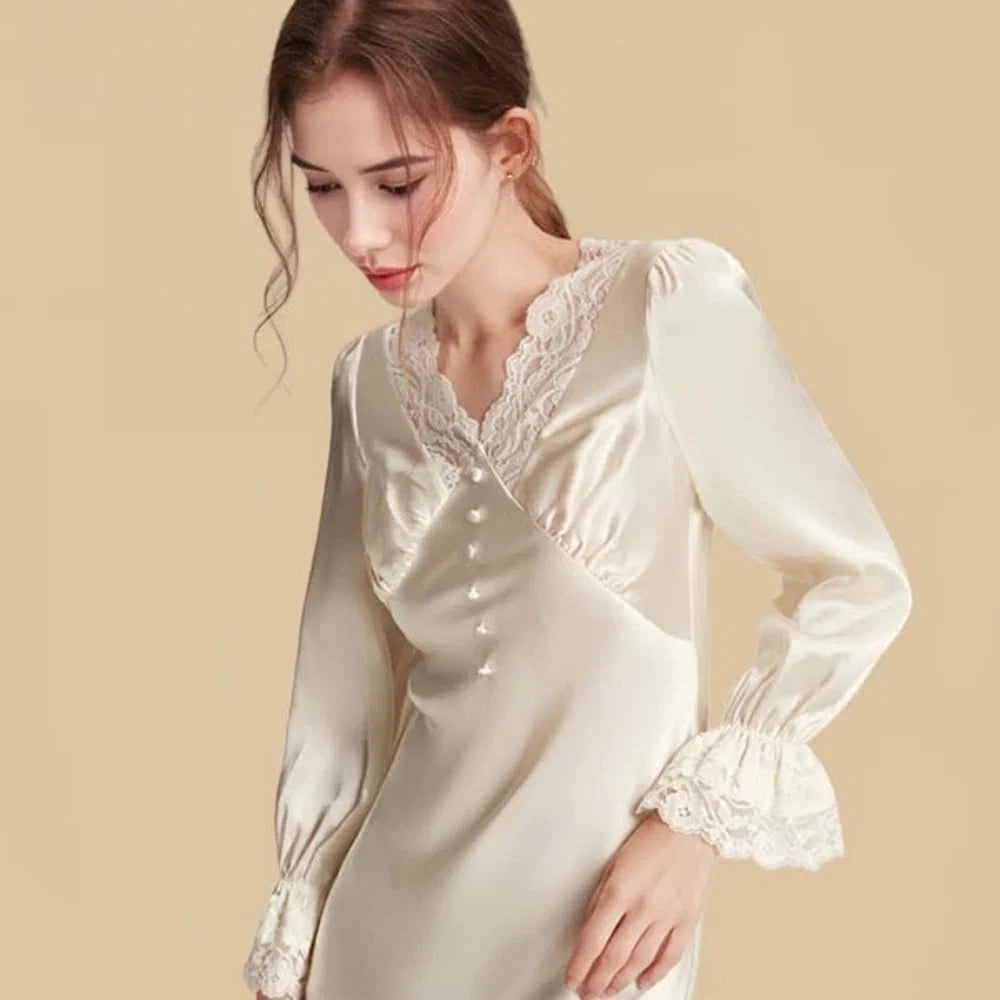 100% Mulberry Silk 19Momme Knee Nightgown with Lace V-Neck and Cuff Design