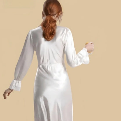 100% Mulberry Silk 19Momme Knee Nightgown with Lace V-Neck and Cuff Design