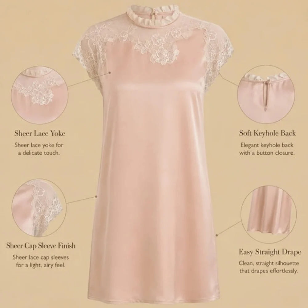 100% Mulberry Silk 19Momme Knee Nightgown with Sheer Lace Crew Neck and Cap Sleeve