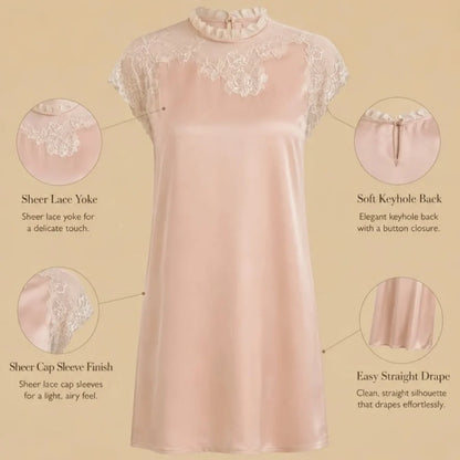 100% Mulberry Silk 19Momme Knee Nightgown with Sheer Lace Crew Neck and Cap Sleeve