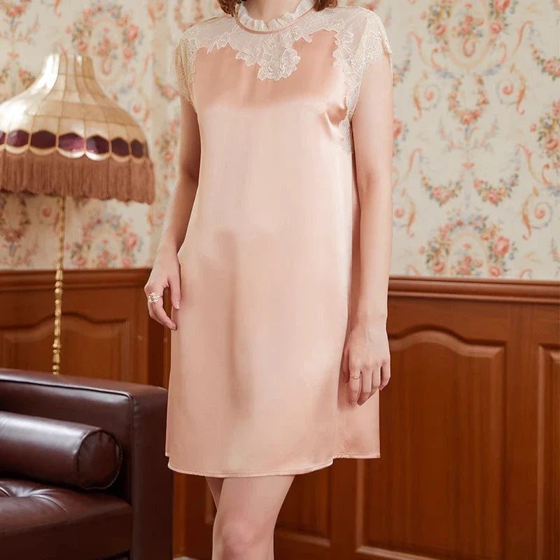 100% Mulberry Silk 19Momme Knee Nightgown with Sheer Lace Crew Neck and Cap Sleeve