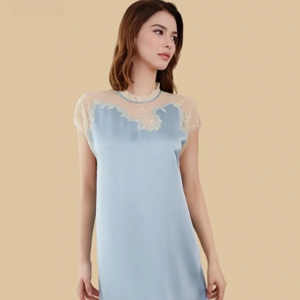 100% Mulberry Silk 19Momme Knee Nightgown with Sheer Lace Crew Neck and Cap Sleeve