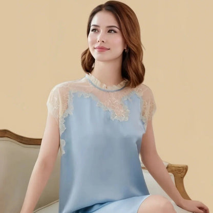 100% Mulberry Silk 19Momme Knee Nightgown with Sheer Lace Crew Neck and Cap Sleeve