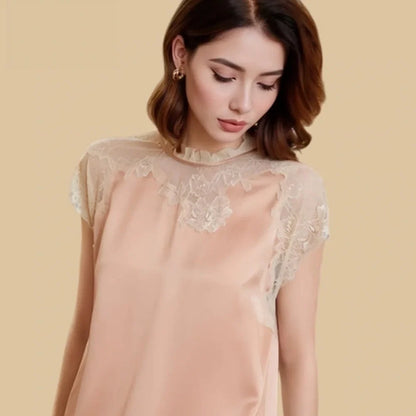 100% Mulberry Silk 19Momme Knee Nightgown with Sheer Lace Crew Neck and Cap Sleeve