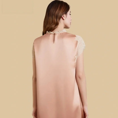100% Mulberry Silk 19Momme Knee Nightgown with Sheer Lace Crew Neck and Cap Sleeve
