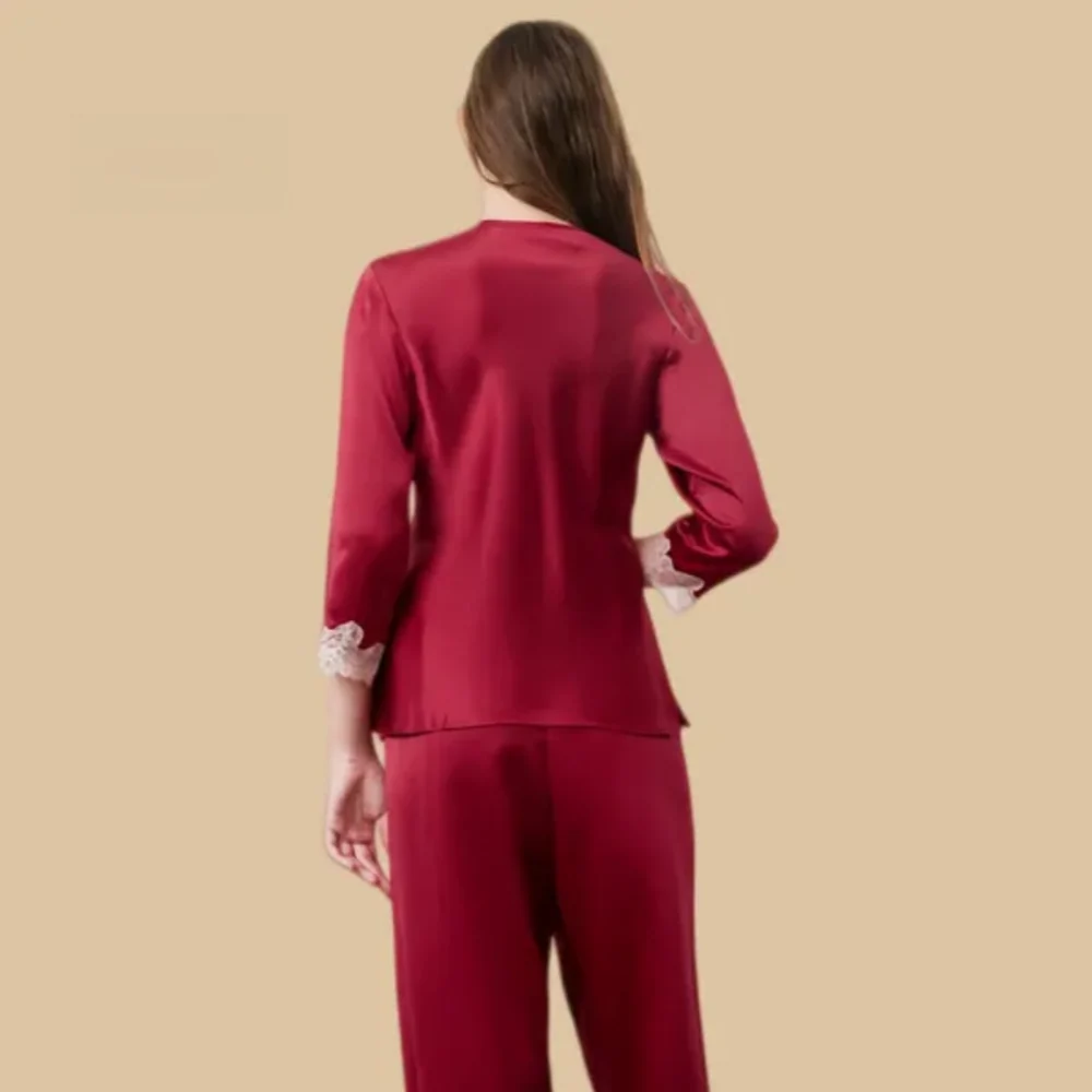 100% Mulberry Silk 19Momme Lace Bow V-Neck Three-quarters Sleeve Women&