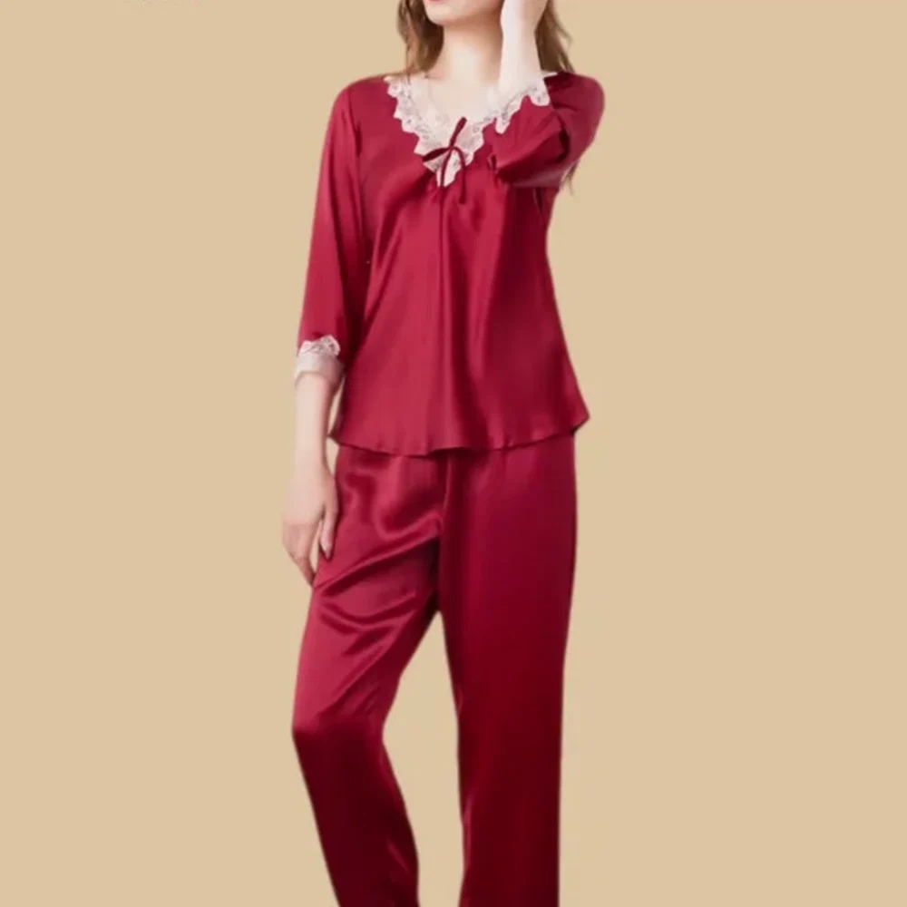 100% Mulberry Silk 19Momme Lace Bow V-Neck Three-quarters Sleeve Women&