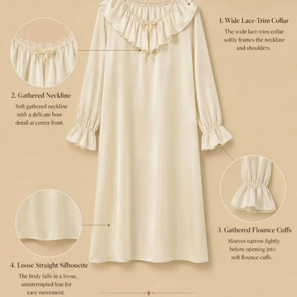 100% Mulberry Silk 19Momme Lace Collar Nightgown with Ruffle Design