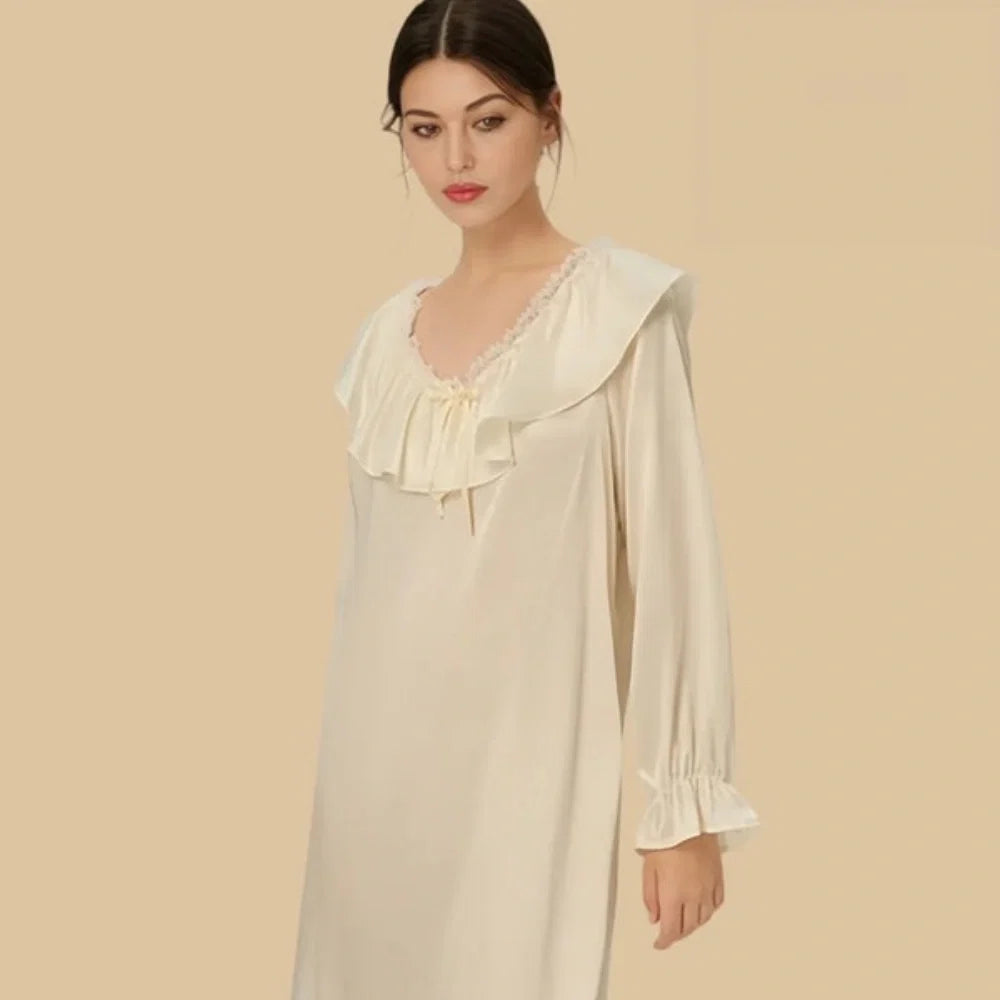 100% Mulberry Silk 19Momme Lace Collar Nightgown with Ruffle Design