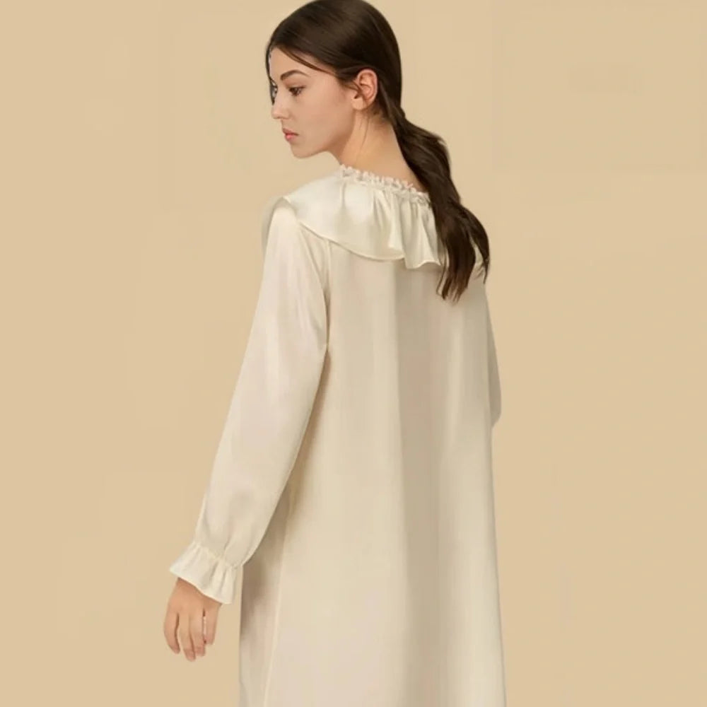 100% Mulberry Silk 19Momme Lace Collar Nightgown with Ruffle Design