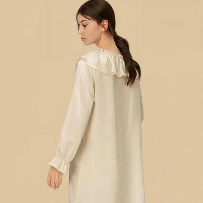 100% Mulberry Silk 19Momme Lace Collar Nightgown with Ruffle Design