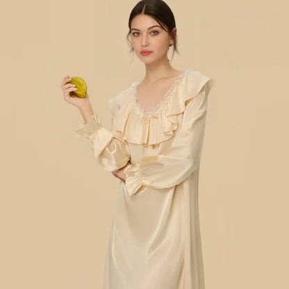 100% Mulberry Silk 19Momme Lace Collar Nightgown with Ruffle Design