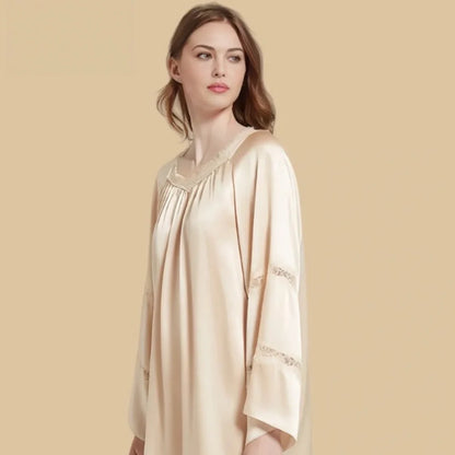 100% Mulberry Silk 19Momme Lace Neck Short Nightgown with Flare Sleeve