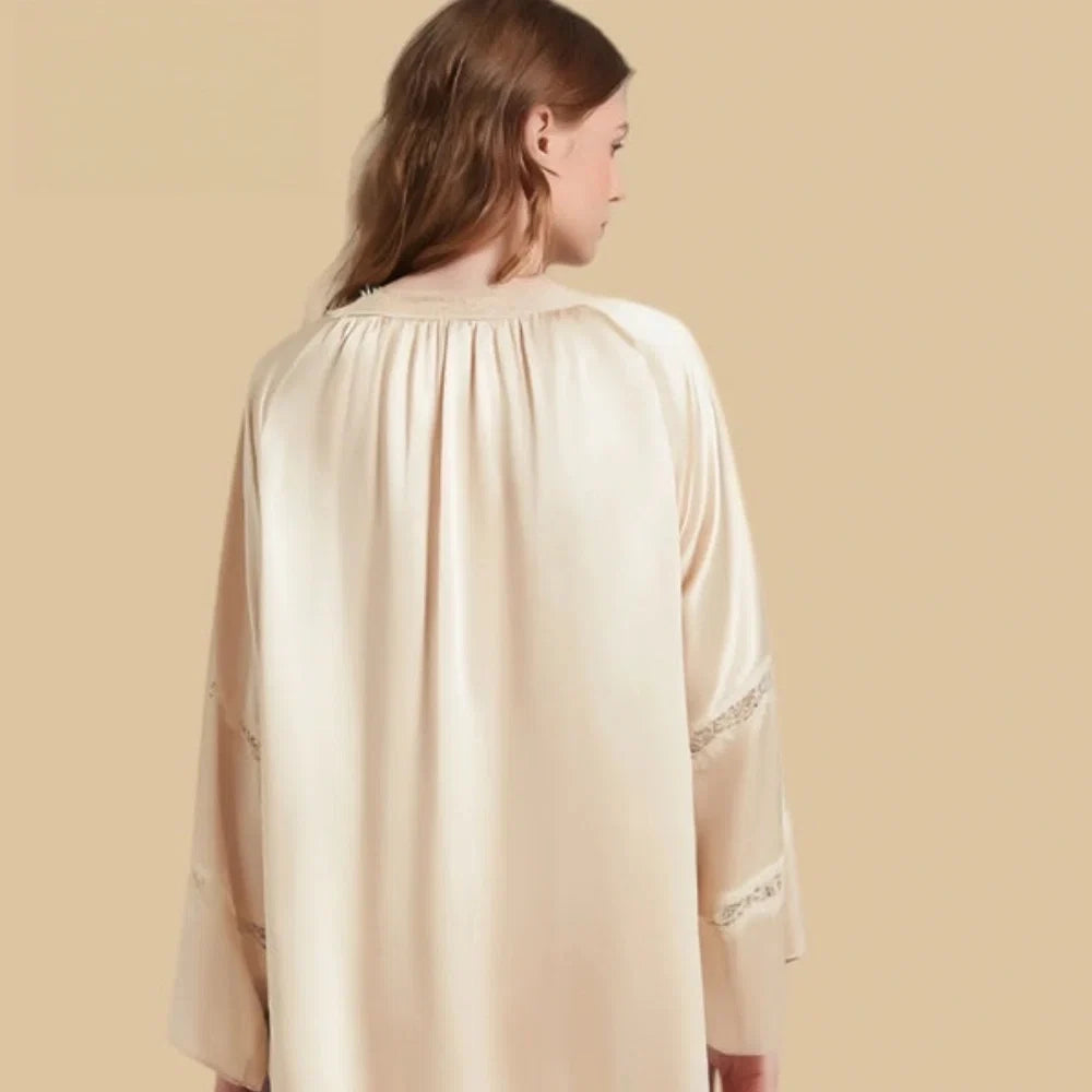 100% Mulberry Silk 19Momme Lace Neck Short Nightgown with Flare Sleeve