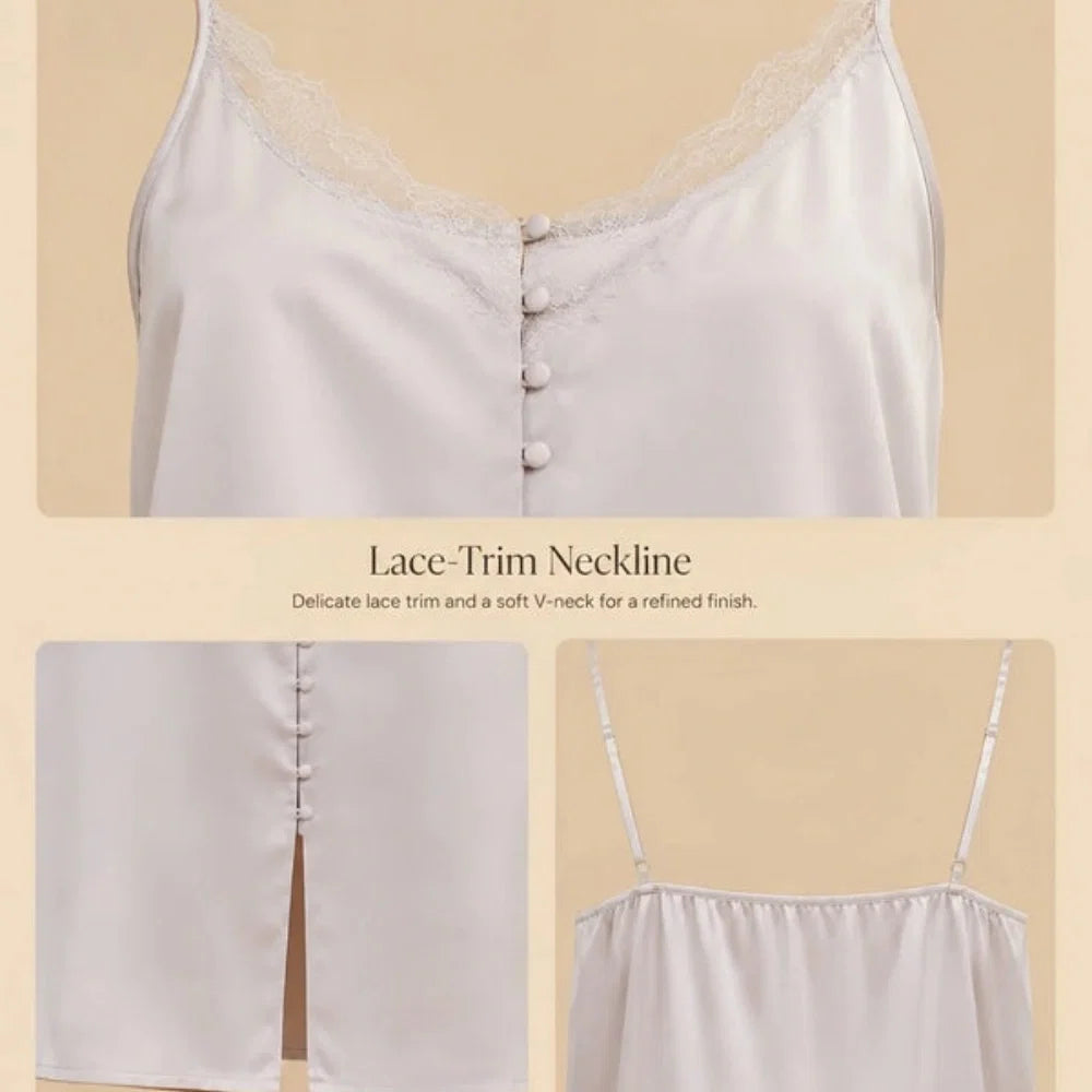 100% Mulberry Silk 19Momme Lace-Neck Spaghetti Strap Nightgown with Button Design