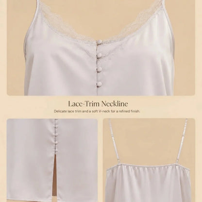 100% Mulberry Silk 19Momme Lace-Neck Spaghetti Strap Nightgown with Button Design