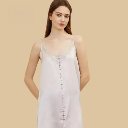 100% Mulberry Silk 19Momme Lace-Neck Spaghetti Strap Nightgown with Button Design