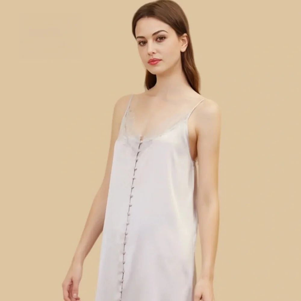 100% Mulberry Silk 19Momme Lace-Neck Spaghetti Strap Nightgown with Button Design