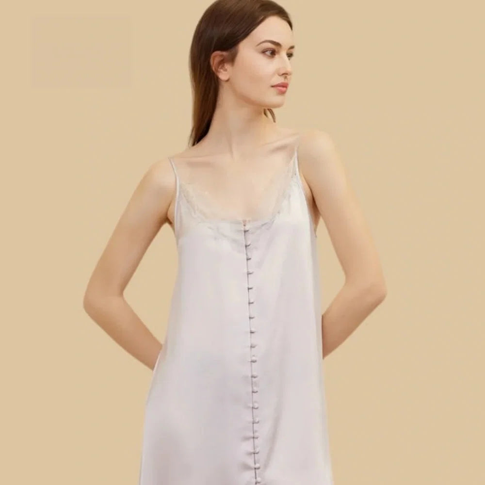 100% Mulberry Silk 19Momme Lace-Neck Spaghetti Strap Nightgown with Button Design