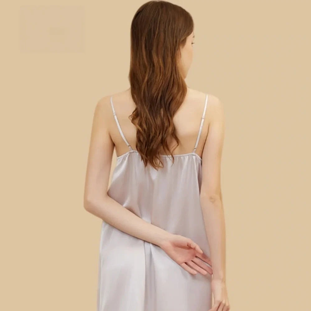 100% Mulberry Silk 19Momme Lace-Neck Spaghetti Strap Nightgown with Button Design