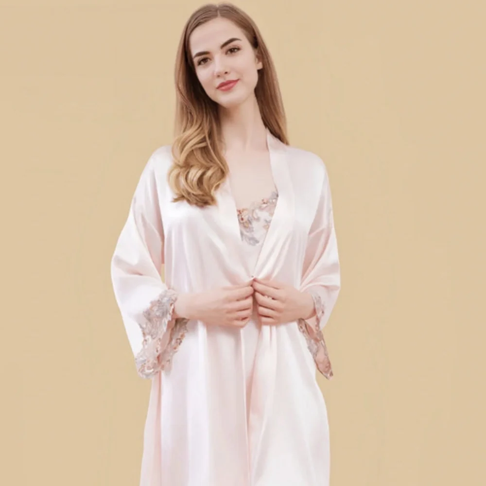 100% Mulberry Silk 19Momme Lace Nightgown &amp; Kimono Robe Set