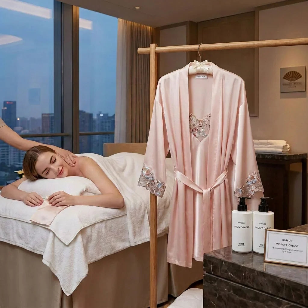 100% Mulberry Silk 19Momme Lace Nightgown &amp; Kimono Robe Set
