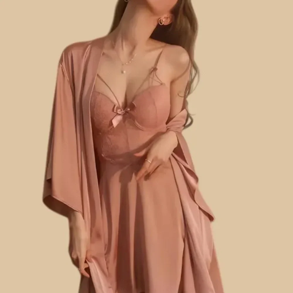 100% Mulberry Silk 19Momme Lace Padded Nightgown &amp; Kimono Robe Set