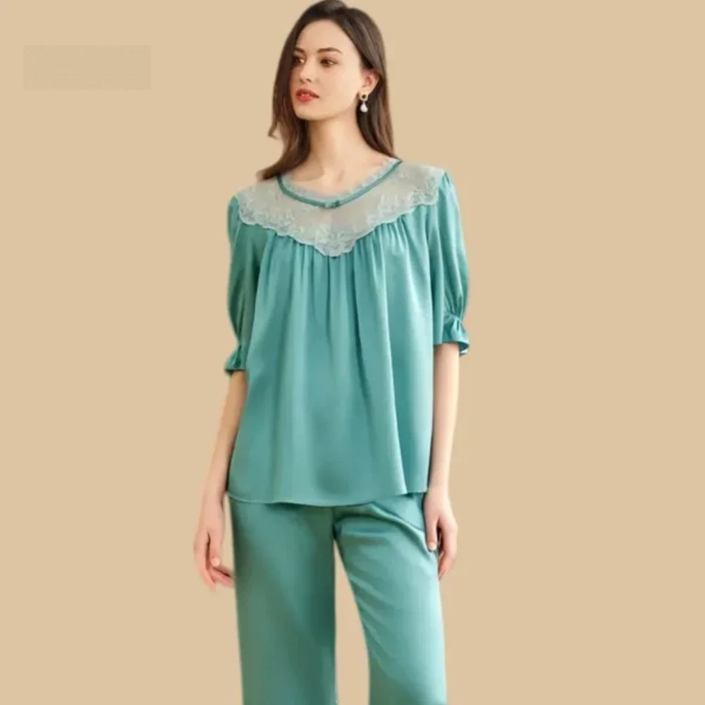 100% Mulberry Silk 19Momme Lace Round Neck Half Sleeve Women&