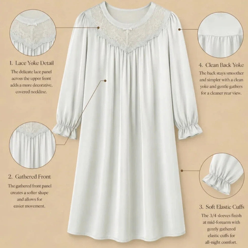 100% Mulberry Silk 19Momme Lace Round Neck Nightgown with Elastic Sleeves