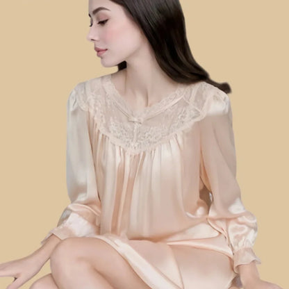 100% Mulberry Silk 19Momme Lace Round Neck Nightgown with Elastic Sleeves