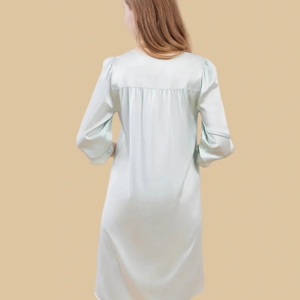 100% Mulberry Silk 19Momme Lace Round Neck Nightgown with Elastic Sleeves