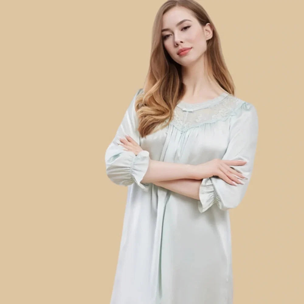 100% Mulberry Silk 19Momme Lace Round Neck Nightgown with Elastic Sleeves