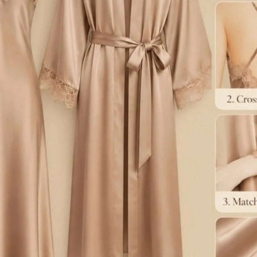100% Mulberry Silk 19Momme Lace Trim Nightgown &amp; Kimono Robe Set