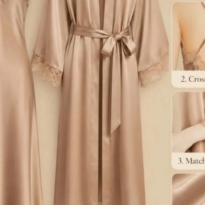 100% Mulberry Silk 19Momme Lace Trim Nightgown &amp; Kimono Robe Set