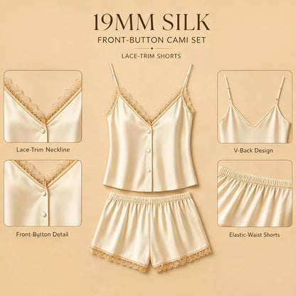100% Mulberry Silk 19Momme Lace Trim V-neck Camisole Set