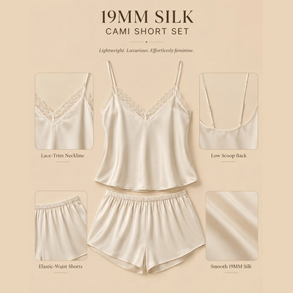 100% Mulberry Silk 19Momme Lace V-Neck Camisole Set