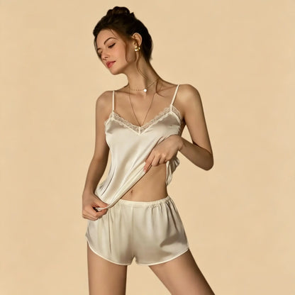100% Mulberry Silk 19Momme Lace V-Neck Camisole Set