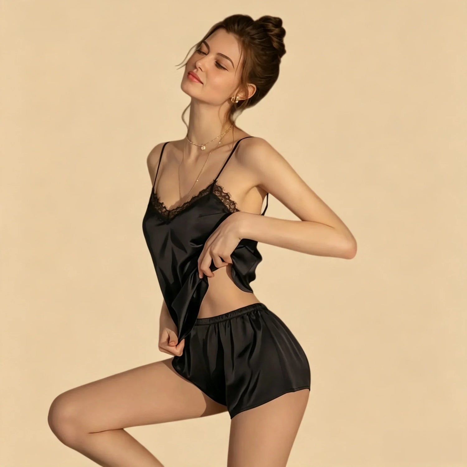100% Mulberry Silk 19Momme Lace V-Neck Camisole Set