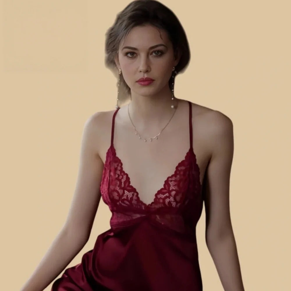 100% Mulberry Silk 19Momme Lace V-Neck Spaghetti Strap Mini Nightgown