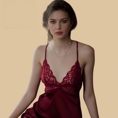 100% Mulberry Silk 19Momme Lace V-Neck Spaghetti Strap Mini Nightgown