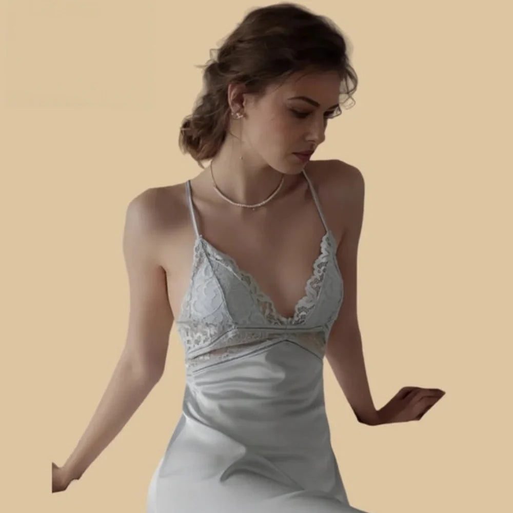 100% Mulberry Silk 19Momme Lace V-Neck Spaghetti Strap Mini Nightgown