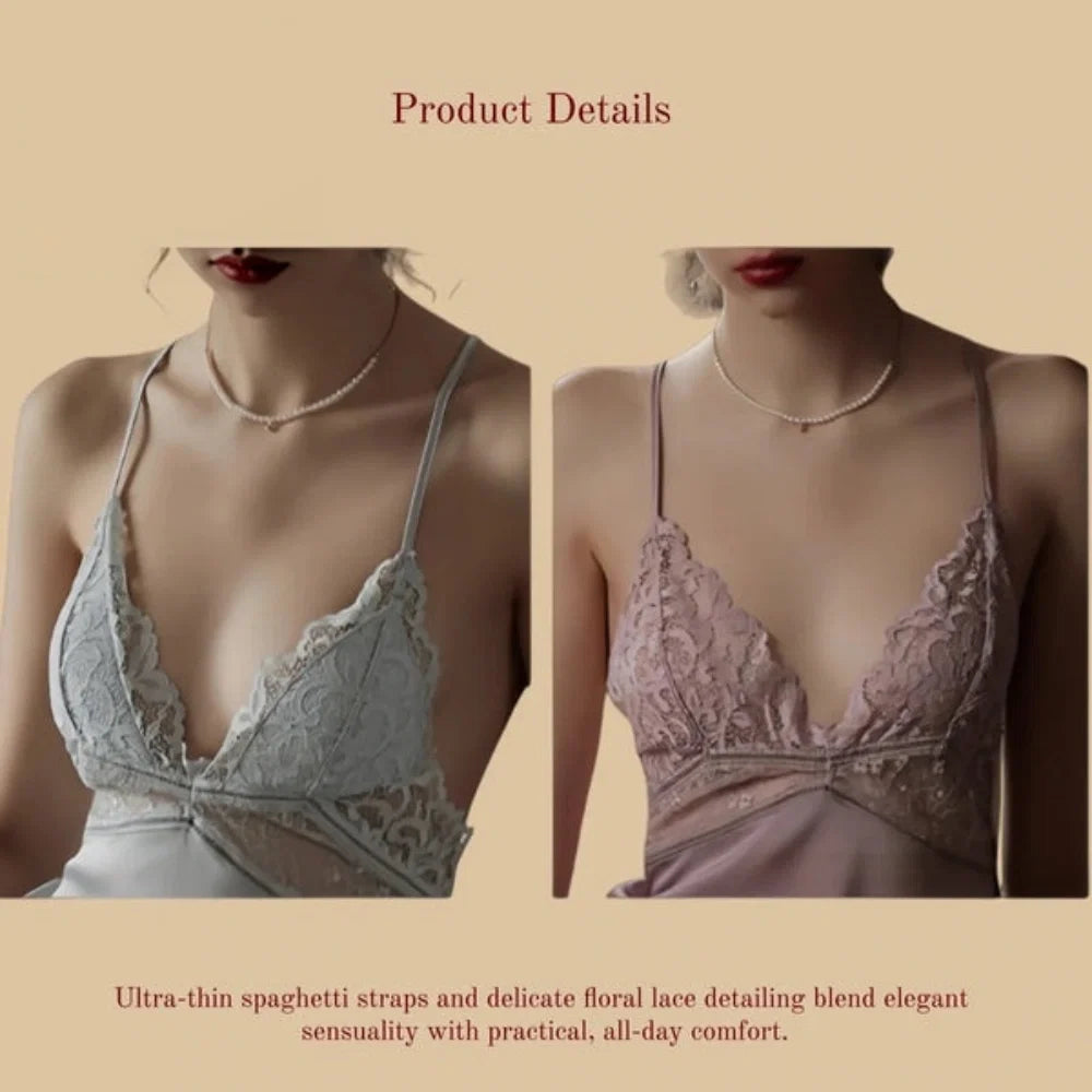 100% Mulberry Silk 19Momme Lace V-Neck Spaghetti Strap Mini Nightgown