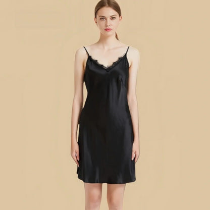 100% Mulberry Silk 19Momme Lace V Neck Spaghetti Strap Nightgown