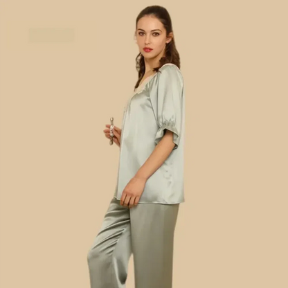 100% Mulberry Silk 19Momme Lace V-neck Half Sleeve Women&