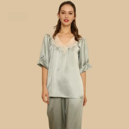 100% Mulberry Silk 19Momme Lace V-neck Half Sleeve Women&